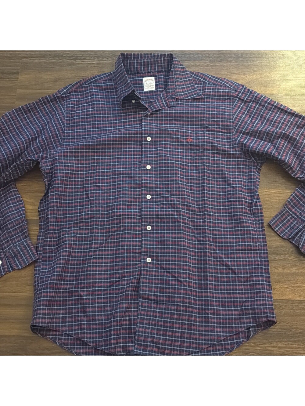 Brooks Brothers Madison Shirt Mens L Red Blue Plaid Button Down Non Iron Supima